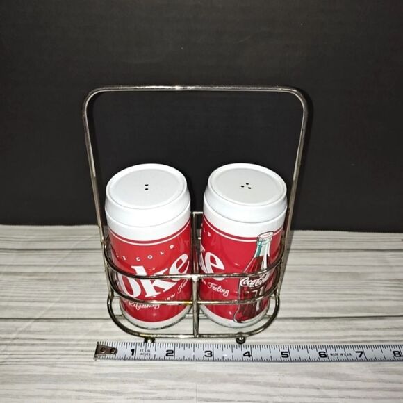 Coca-Cola Soda Can Salt and Pepper Shaker Set With Caddy Retro Decor - Picture 9 of 9